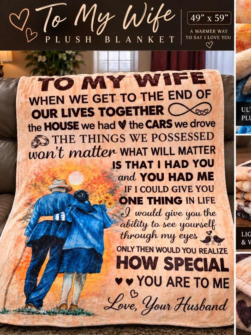 To My Wife Plush Blanket - Love, Your Husband - Peach/Blue 49x59”